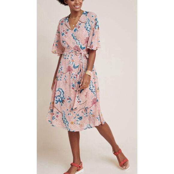 Anthropologie Pink Floral Wrap Dress Sz S Romantic Boho Cottagecore Soft Girl - Picture 1 of 13